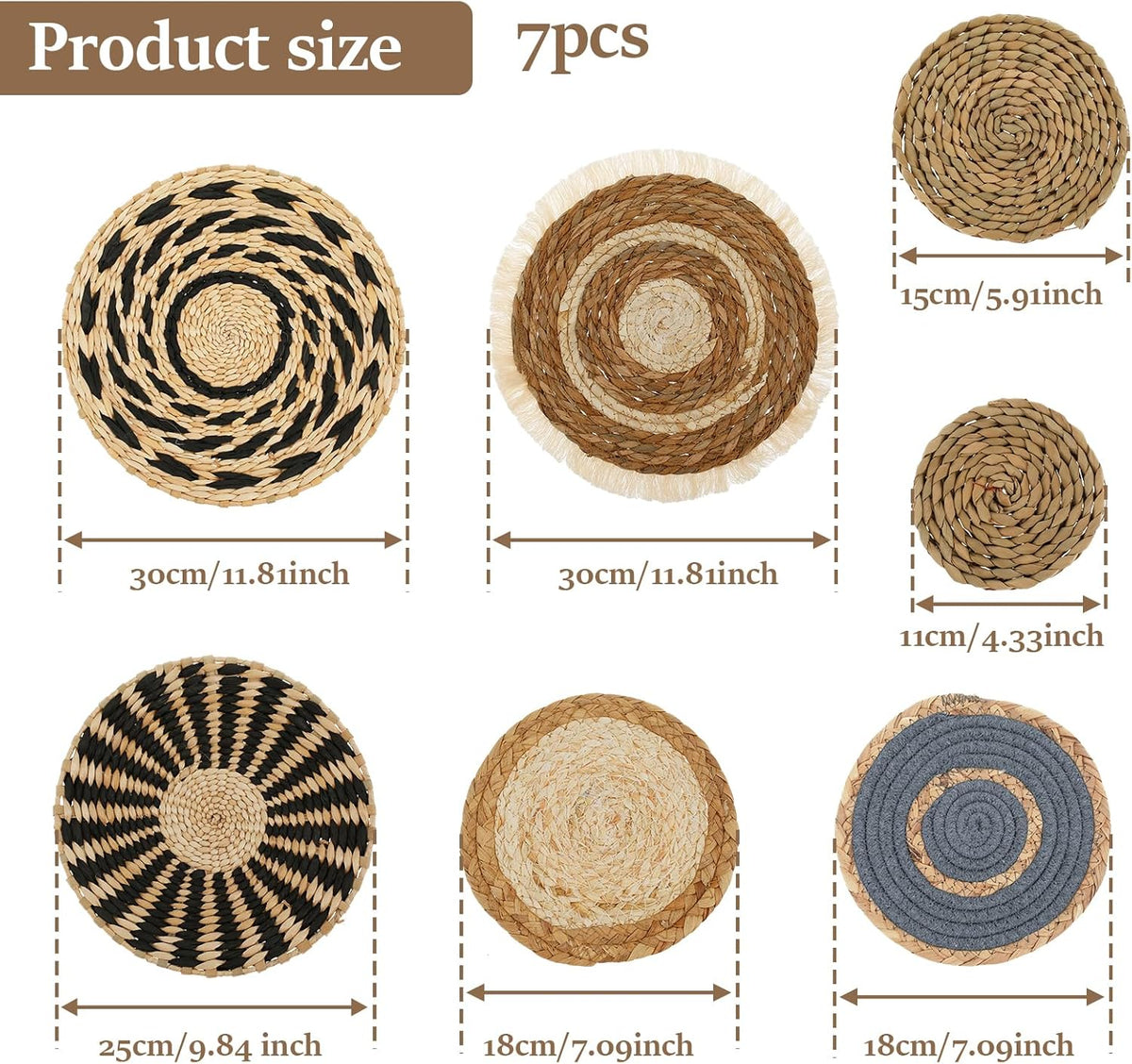 Alongen Boho Wall Basket Decor Set of 7, Wall Hanging Wicker Basket Rattan Wall Decor Round,Handmade Macrame Hanging Woven Baskets for Living Room Bedroom Dining Room Office