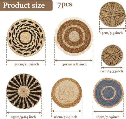 Alongen Boho Wall Basket Decor Set of 7, Wall Hanging Wicker Basket Rattan Wall Decor Round,Handmade Macrame Hanging Woven Baskets for Living Room Bedroom Dining Room Office