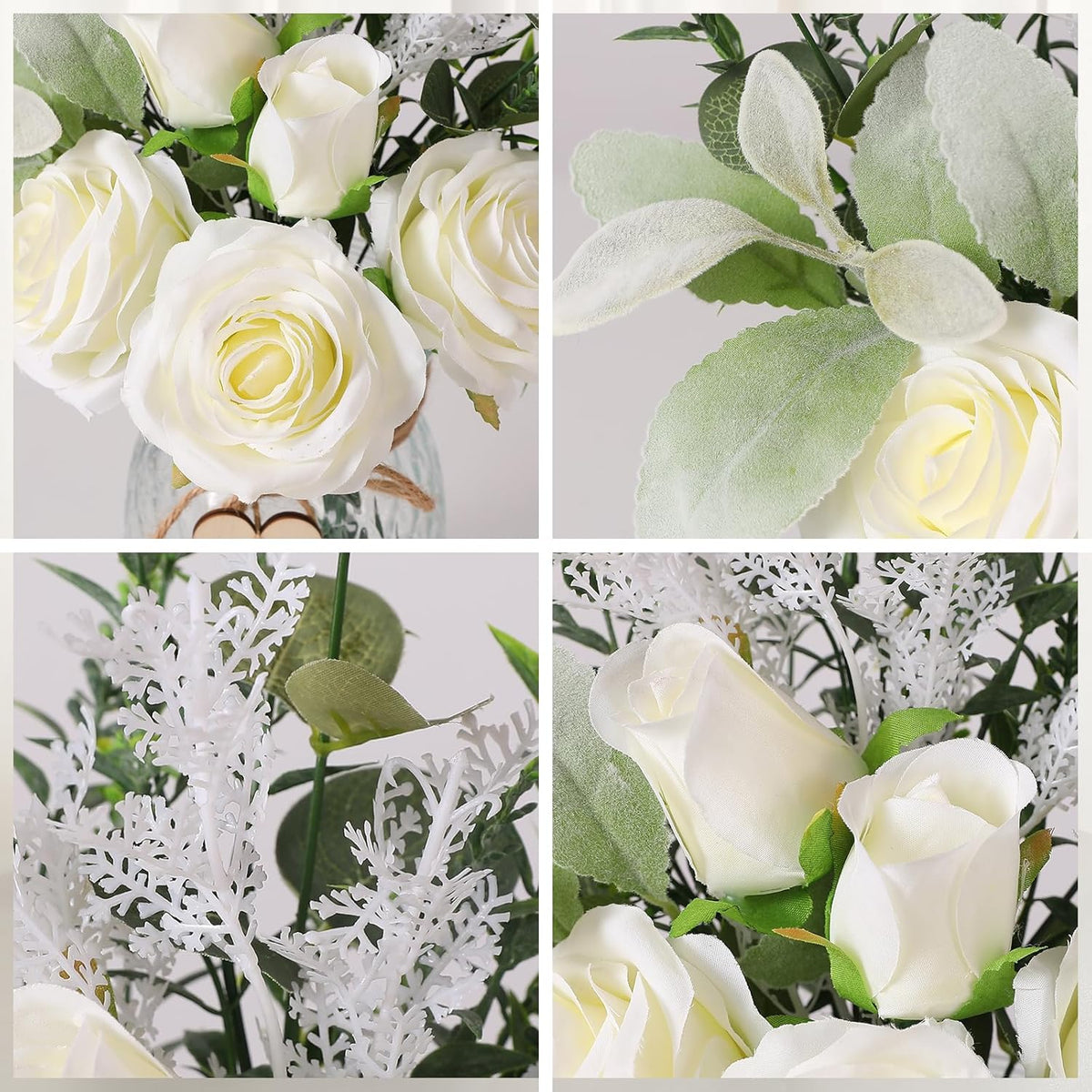 Faux Flowers with Vase Artificial White Rose Flowers in Vase Fake Eucalyptus Plant Floral Arrangement for Table Centerpieces, Home Kitchen Office Coffee Shop Decorations