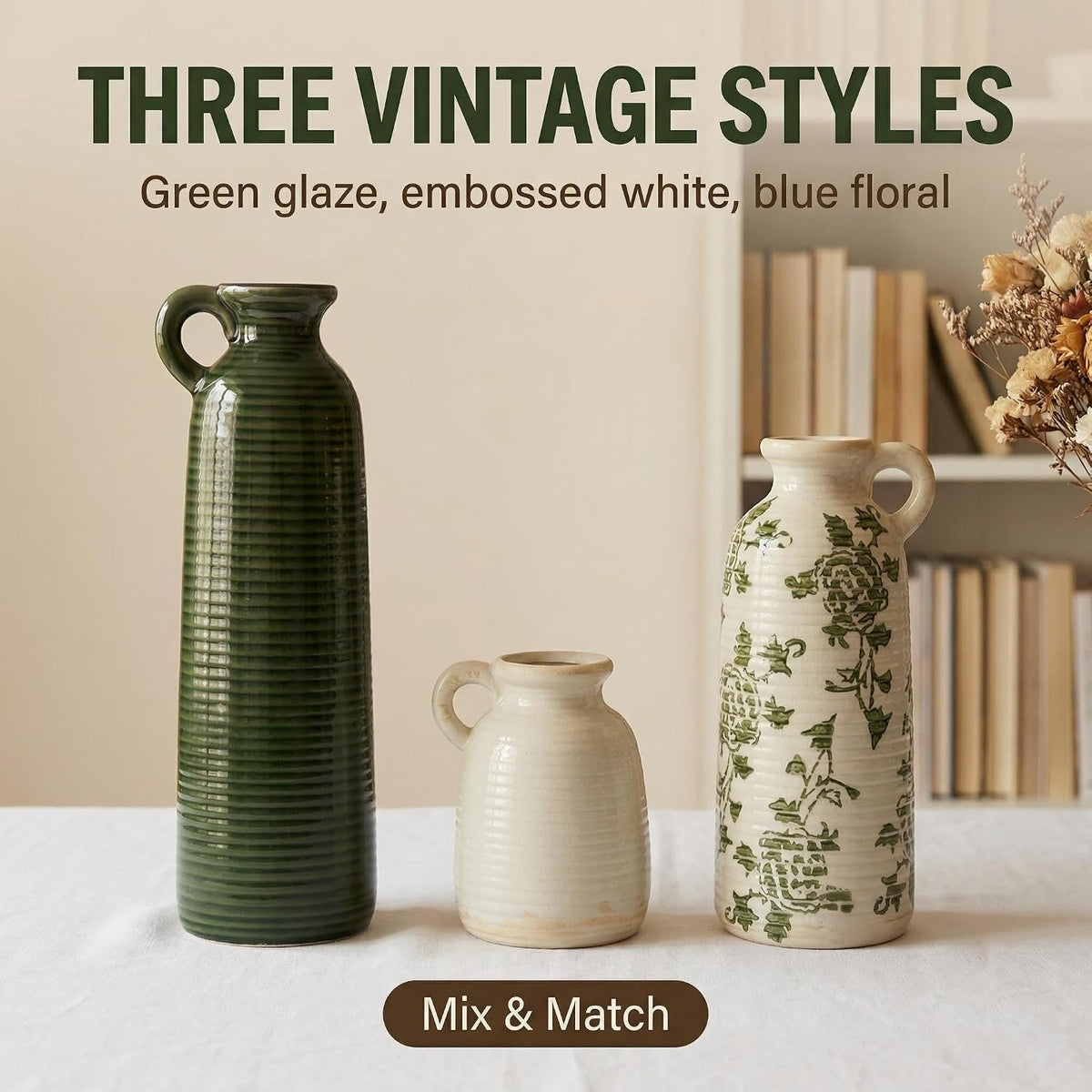 Ceramic Vase Set of 3 with Handles, Green White Neutral Rustic Modern Farmhouse Boho Decor, Versatile as Table Centrepiece or Mantel & Shelf Accent - Unique Home Gift Idea