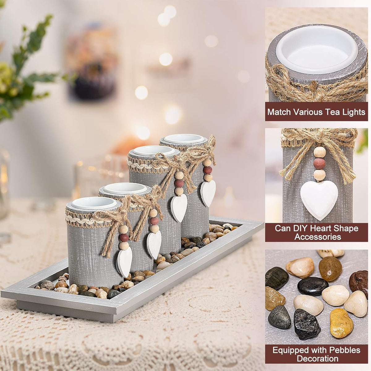 GoMaihe Candle Holder Set of 4 with Wodden Tray, Tealight Holders Candlestick Holder, Table Centerpiece Home Decor Living Room Bedroom Decoration Mum Gift Birthday Wedding Christmas Party Ornaments