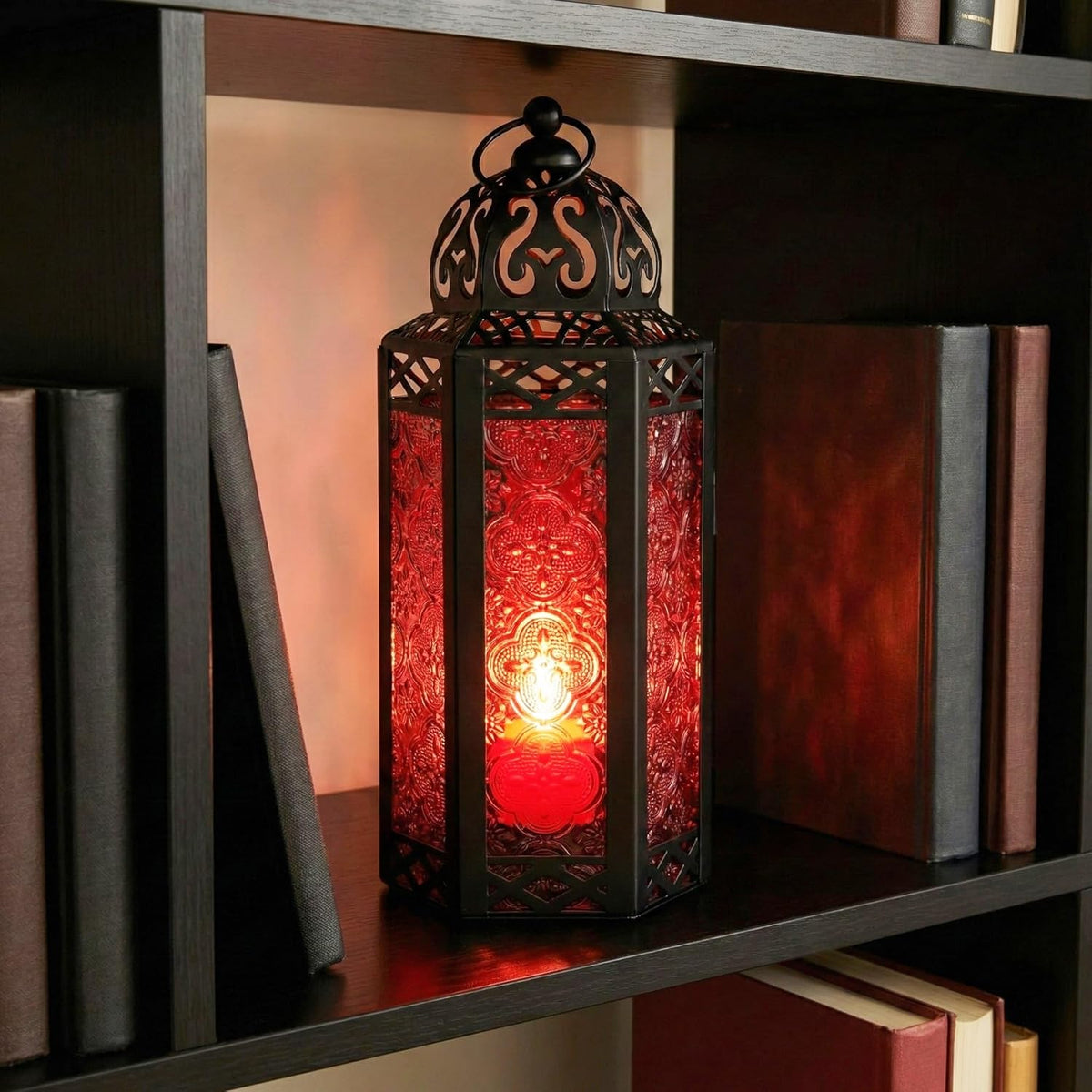VELA LANTERNS Moroccan Candle Lantern Decorative Candle Holder Lamp for Indoor Outdoor, Ramadan, Home Decor, Patio, Weddings, Black Metal, Red Glass, Medium Lantern