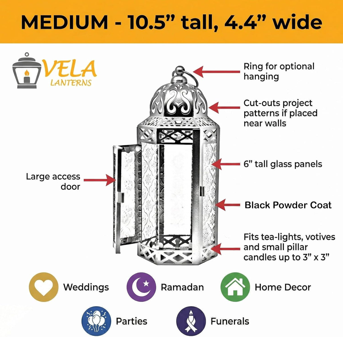 VELA LANTERNS Moroccan Candle Lantern Decorative Candle Holder Lamp for Indoor Outdoor, Ramadan, Home Decor, Patio, Weddings, Black Metal, Red Glass, Medium Lantern