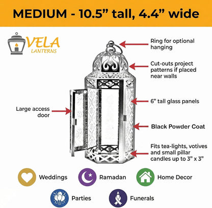 VELA LANTERNS Moroccan Candle Lantern Decorative Candle Holder Lamp for Indoor Outdoor, Ramadan, Home Decor, Patio, Weddings, Black Metal, Red Glass, Medium Lantern