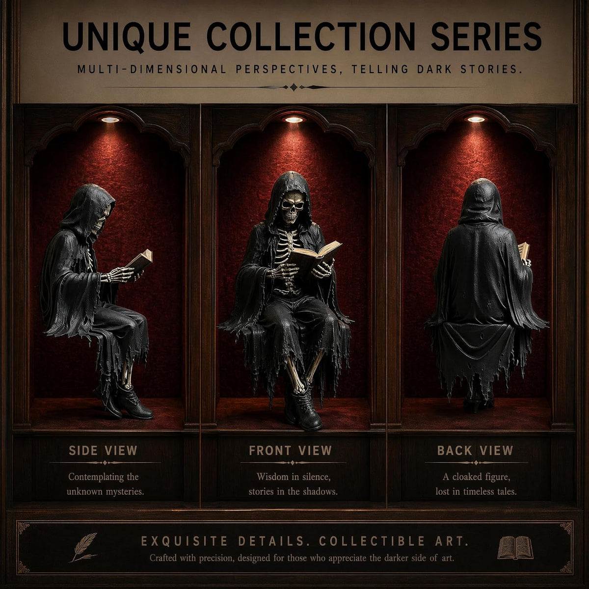 Gothic Dark Fantasy Sitting Reaper Reading Book Sculpture