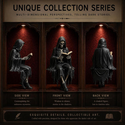 Gothic Dark Fantasy Sitting Reaper Reading Book Sculpture