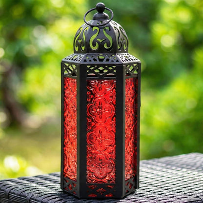 VELA LANTERNS Moroccan Candle Lantern Decorative Candle Holder Lamp for Indoor Outdoor, Ramadan, Home Decor, Patio, Weddings, Black Metal, Red Glass, Medium Lantern