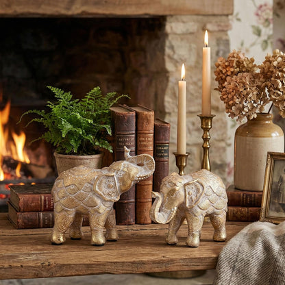 Smadeer Set of 2 Gold Elephant Ornaments for Home Decor - Trunk Up Statues for Luck & Prosperity - Resin African Elephant Figurines for Shelf & Sideboard - Anti-Scratch Soft Pads - Gift for Her