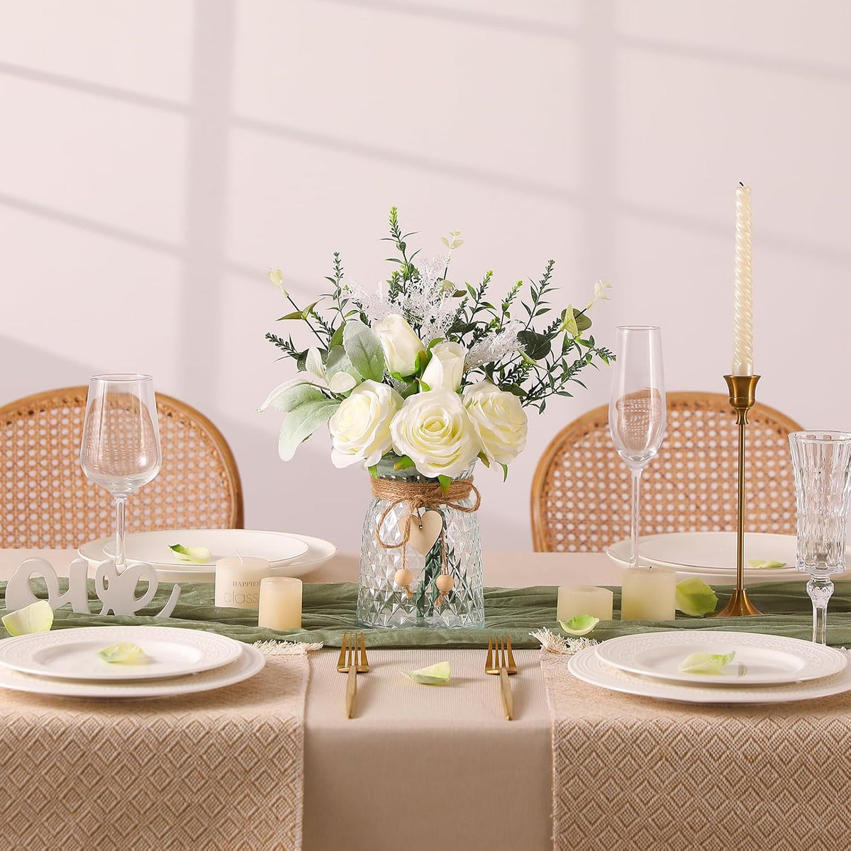 Faux Flowers with Vase Artificial White Rose Flowers in Vase Fake Eucalyptus Plant Floral Arrangement for Table Centerpieces, Home Kitchen Office Coffee Shop Decorations