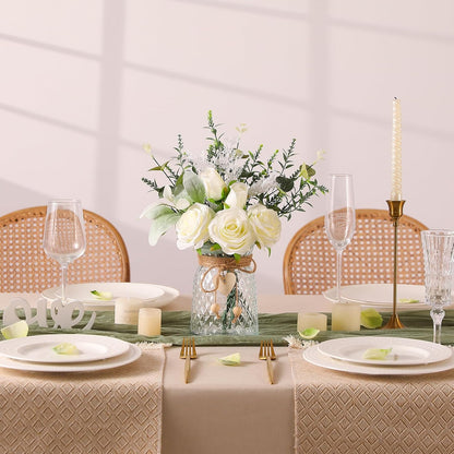 Faux Flowers with Vase Artificial White Rose Flowers in Vase Fake Eucalyptus Plant Floral Arrangement for Table Centerpieces, Home Kitchen Office Coffee Shop Decorations