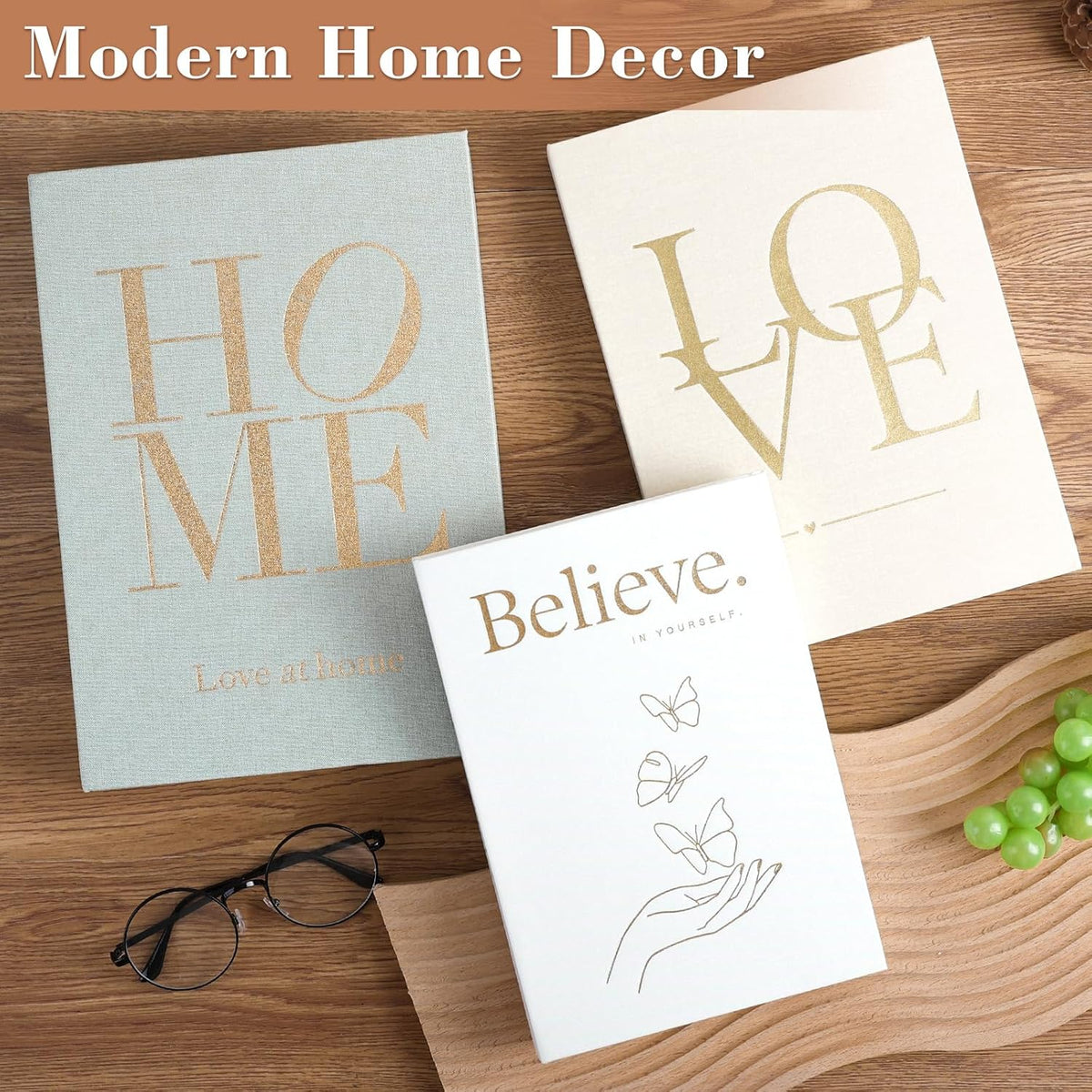 3Pcs Decorative Books with Magnetic Linen for Home Decor | Hidden Magnetic, Linen Cover, Gold Foil, 3 Sizes, Stacked Faux Books for Bookshelf Coffee Tables