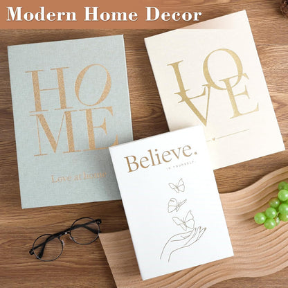3Pcs Decorative Books with Magnetic Linen for Home Decor | Hidden Magnetic, Linen Cover, Gold Foil, 3 Sizes, Stacked Faux Books for Bookshelf Coffee Tables