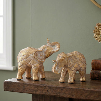 Smadeer Set of 2 Gold Elephant Ornaments for Home Decor - Trunk Up Statues for Luck & Prosperity - Resin African Elephant Figurines for Shelf & Sideboard - Anti-Scratch Soft Pads - Gift for Her