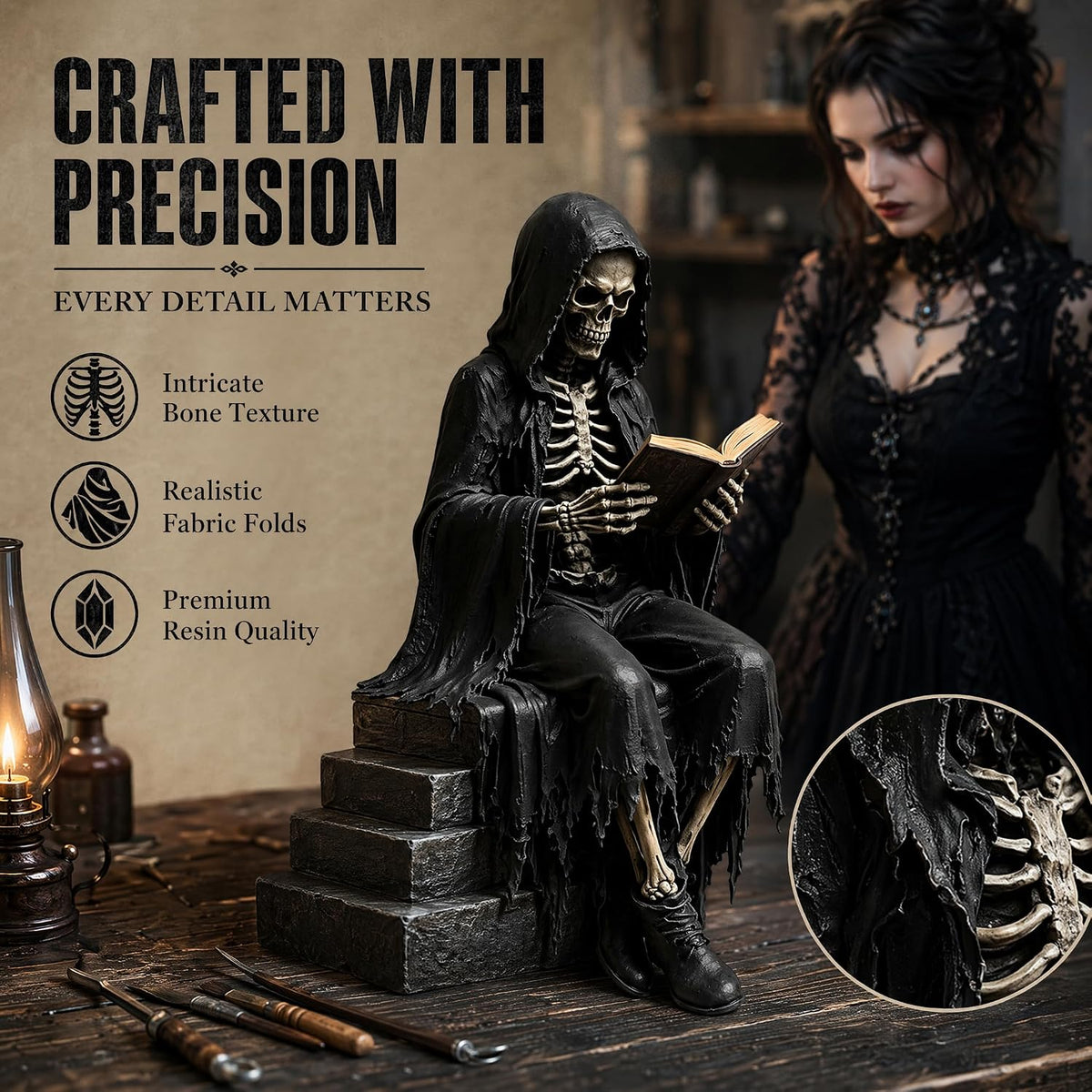 Gothic Dark Fantasy Sitting Reaper Reading Book Sculpture