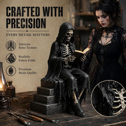 Gothic Dark Fantasy Sitting Reaper Reading Book Sculpture