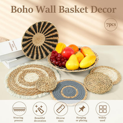 Alongen Boho Wall Basket Decor Set of 7, Wall Hanging Wicker Basket Rattan Wall Decor Round,Handmade Macrame Hanging Woven Baskets for Living Room Bedroom Dining Room Office