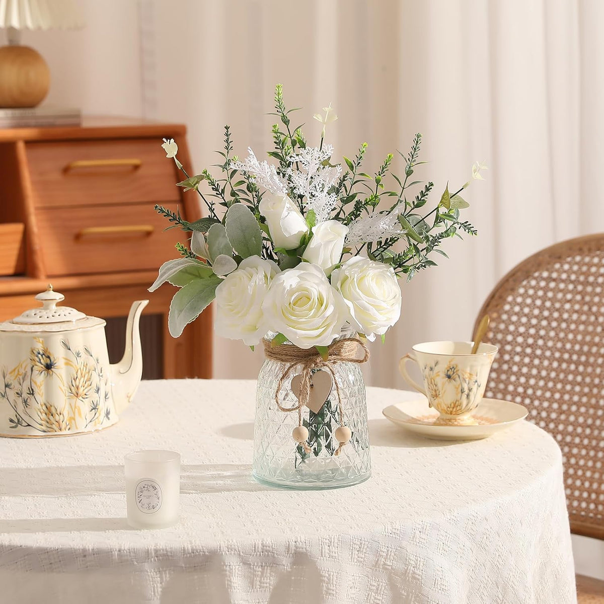 Faux Flowers with Vase Artificial White Rose Flowers in Vase Fake Eucalyptus Plant Floral Arrangement for Table Centerpieces, Home Kitchen Office Coffee Shop Decorations