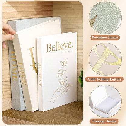3Pcs Decorative Books with Magnetic Linen for Home Decor | Hidden Magnetic, Linen Cover, Gold Foil, 3 Sizes, Stacked Faux Books for Bookshelf Coffee Tables