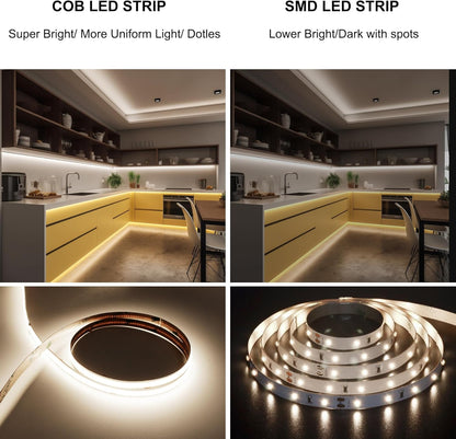 AXMOTUT COB LED Strip Lights 5m, 4000K Natural White Dimmable LED Strip, 1600 LEDs Super Bright DC24V LED Light Strip CRI90+ with RF Remote and UKCA Power Supply for DIY Home Decoration [Energy Class F]