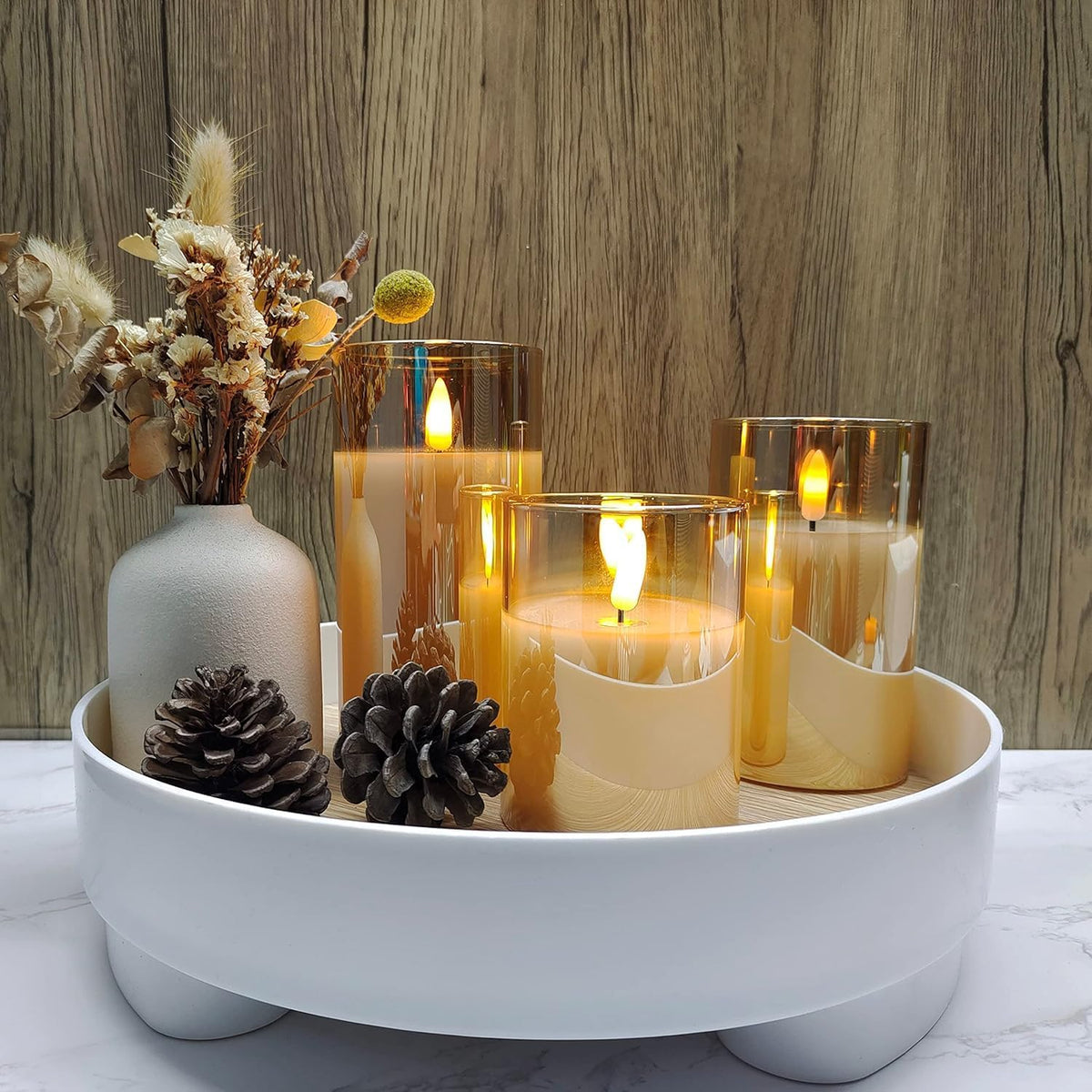 Glass Gold Real Wax LED Candles Flickering with Remote & Timer - Fake Candles Flickering Light, Battery Candles Set of 3, Festival, Room Decor, Home Decor [Energy Class A]