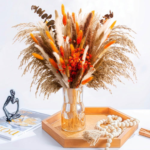 80pcs Dried Pampas Grass Bouquet Rustic Boho Floral Arrangement with Orange Accents Fall Wedding and Home Decor for Living Room Bedroom Office(17inch)