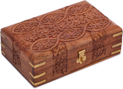 Ajuny Wooden Jewellery Box 8 x 5 Inch Floral Carved Keepsake Chest