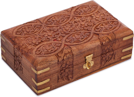 Ajuny Wooden Jewellery Box 8 x 5 Inch Floral Carved Keepsake Chest