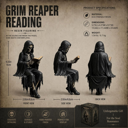 Gothic Dark Fantasy Sitting Reaper Reading Book Sculpture