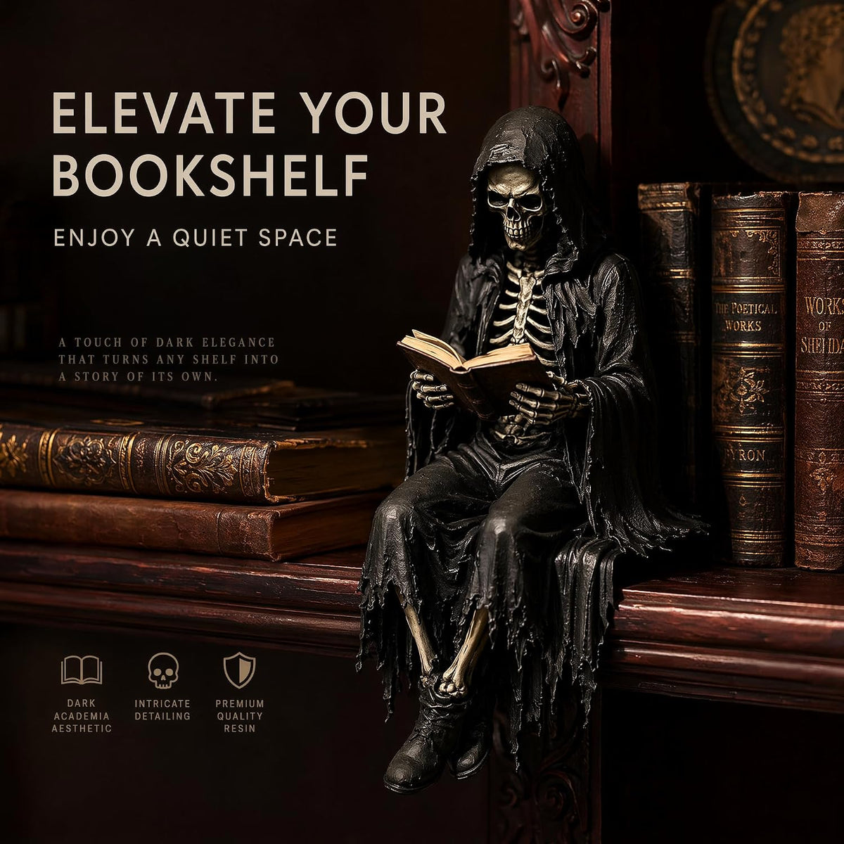 Gothic Dark Fantasy Sitting Reaper Reading Book Sculpture