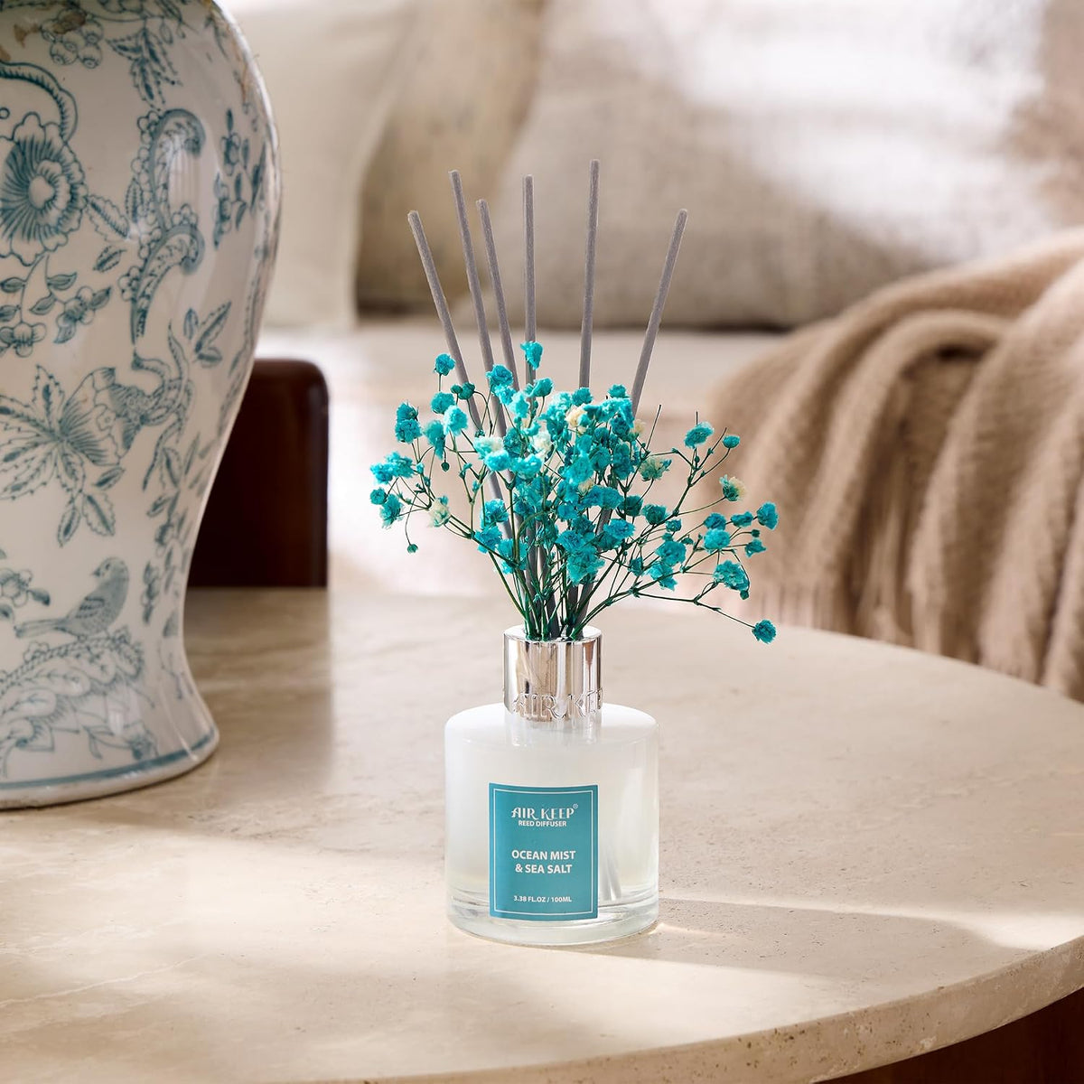 Airkeep Reed Diffuser Set 100ml, Ocean Mist & Sea Salt Oil Diffusers with 8 Reed Sticks, Home Fragrance Reed Diffuser for Bathroom Shelf Decor