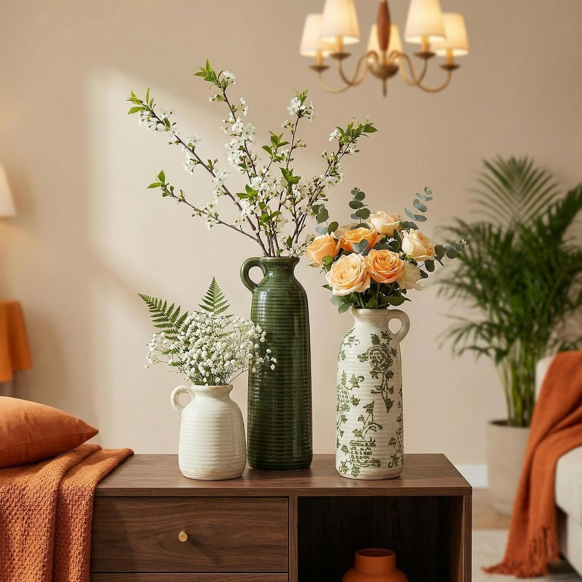 Ceramic Vase Set of 3 with Handles, Green White Neutral Rustic Modern Farmhouse Boho Decor, Versatile as Table Centrepiece or Mantel & Shelf Accent - Unique Home Gift Idea