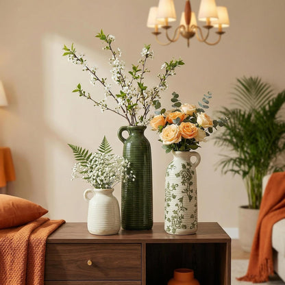 Ceramic Vase Set of 3 with Handles, Green White Neutral Rustic Modern Farmhouse Boho Decor, Versatile as Table Centrepiece or Mantel & Shelf Accent - Unique Home Gift Idea