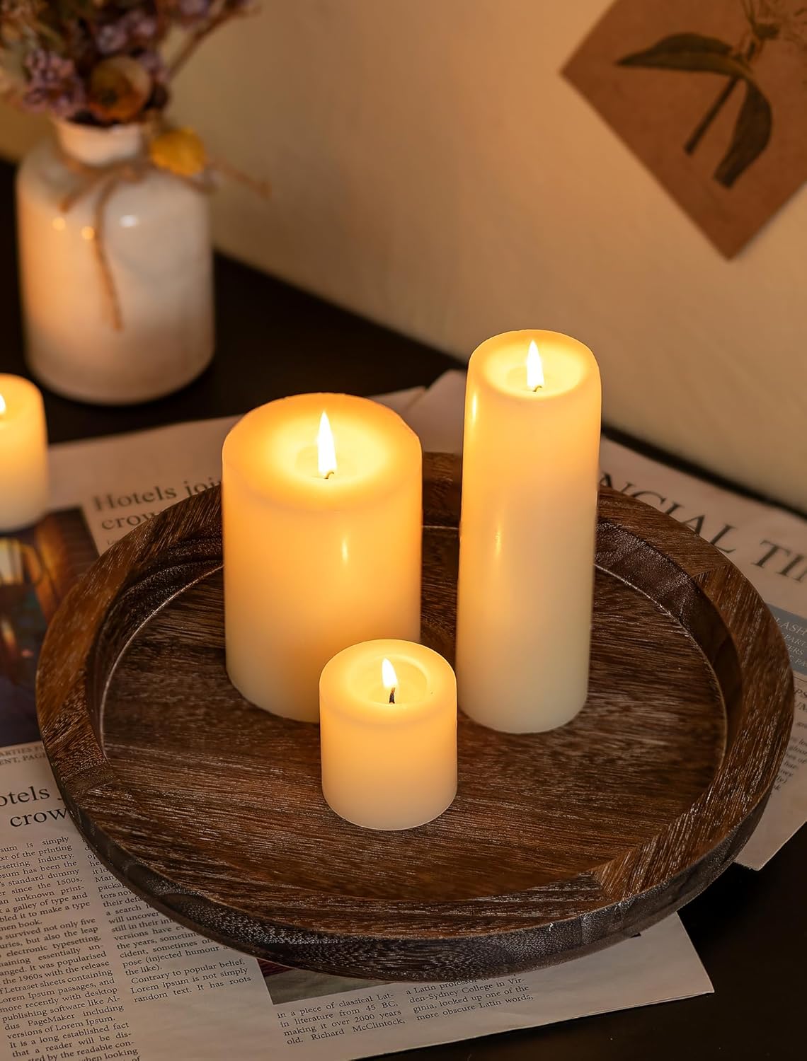 Hanobe Wooden Candle Holder Tray Round Decorative Trays for Coffee Table | Farmhouse Decor, Rustic Candle Plate for Pillar Candle, Paulownia Wood Tray for Table Centrepiece