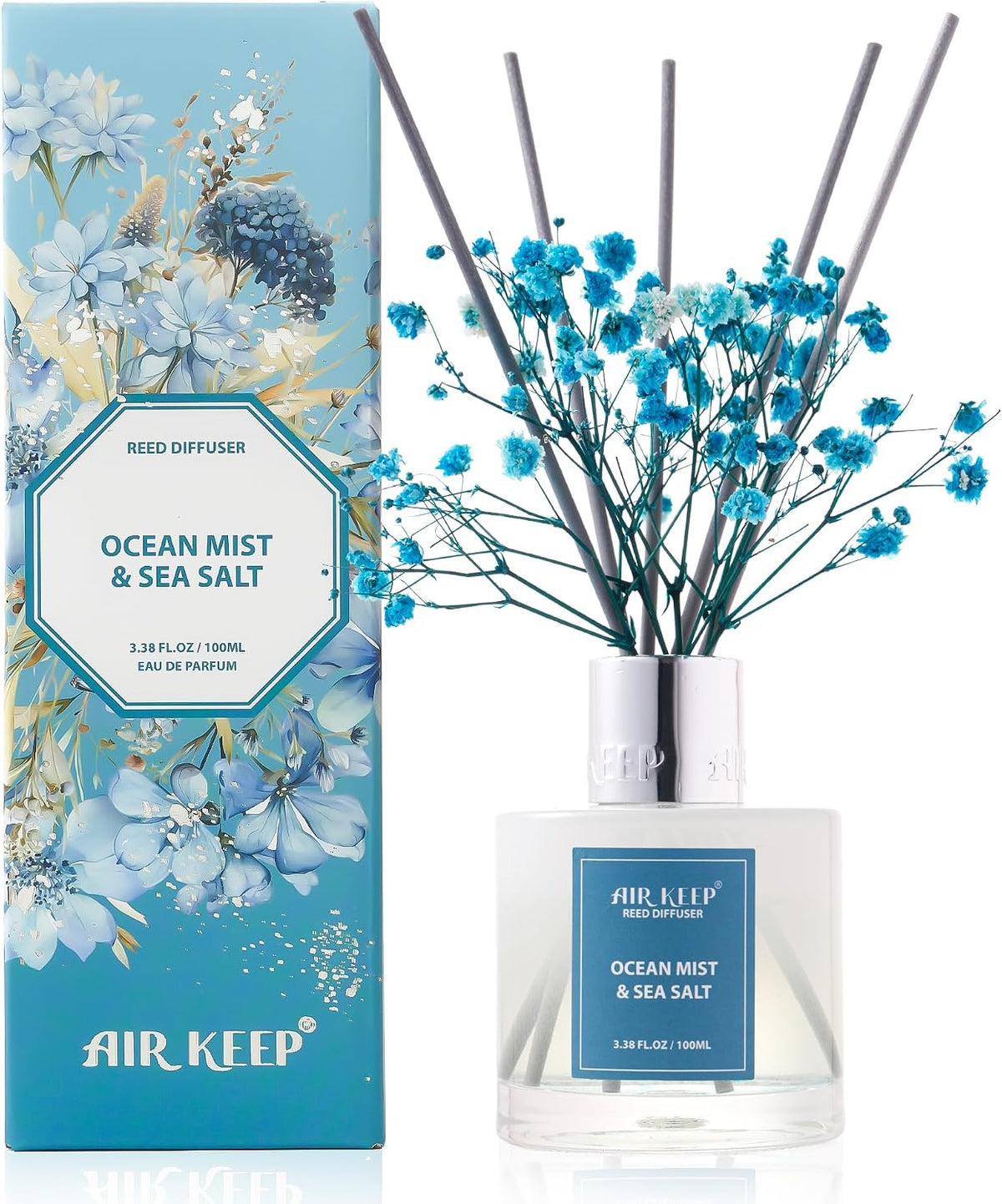 Airkeep Reed Diffuser Set 100ml, Ocean Mist & Sea Salt Oil Diffusers with 8 Reed Sticks, Home Fragrance Reed Diffuser for Bathroom Shelf Decor