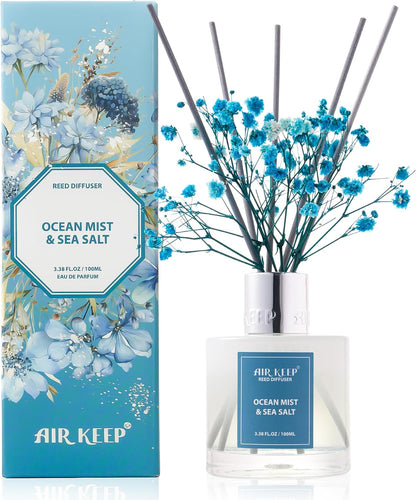 Airkeep Reed Diffuser Set 100ml, Ocean Mist & Sea Salt Oil Diffusers with 8 Reed Sticks, Home Fragrance Reed Diffuser for Bathroom Shelf Decor