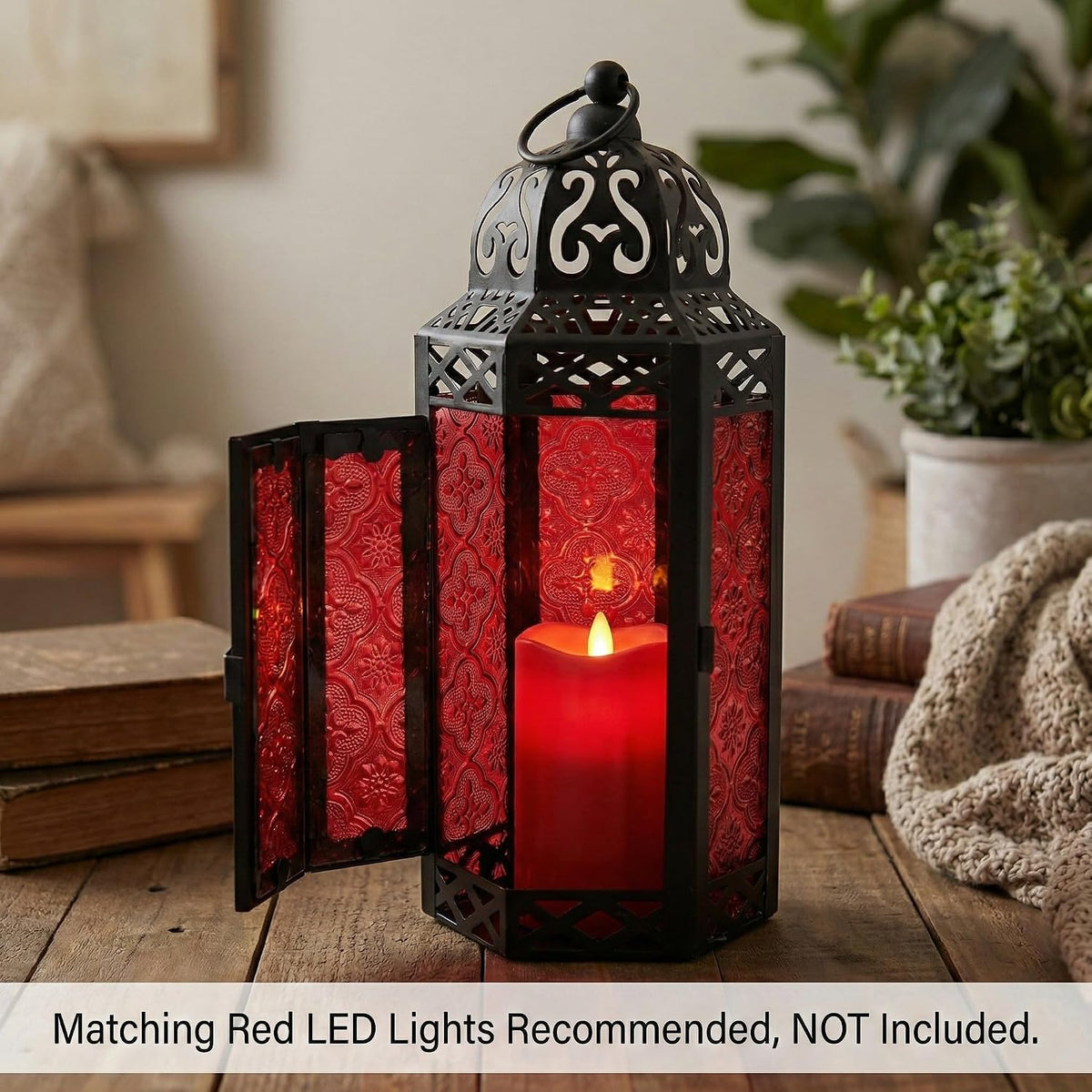 VELA LANTERNS Moroccan Candle Lantern Decorative Candle Holder Lamp for Indoor Outdoor, Ramadan, Home Decor, Patio, Weddings, Black Metal, Red Glass, Medium Lantern