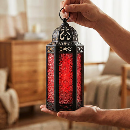 VELA LANTERNS Moroccan Candle Lantern Decorative Candle Holder Lamp for Indoor Outdoor, Ramadan, Home Decor, Patio, Weddings, Black Metal, Red Glass, Medium Lantern