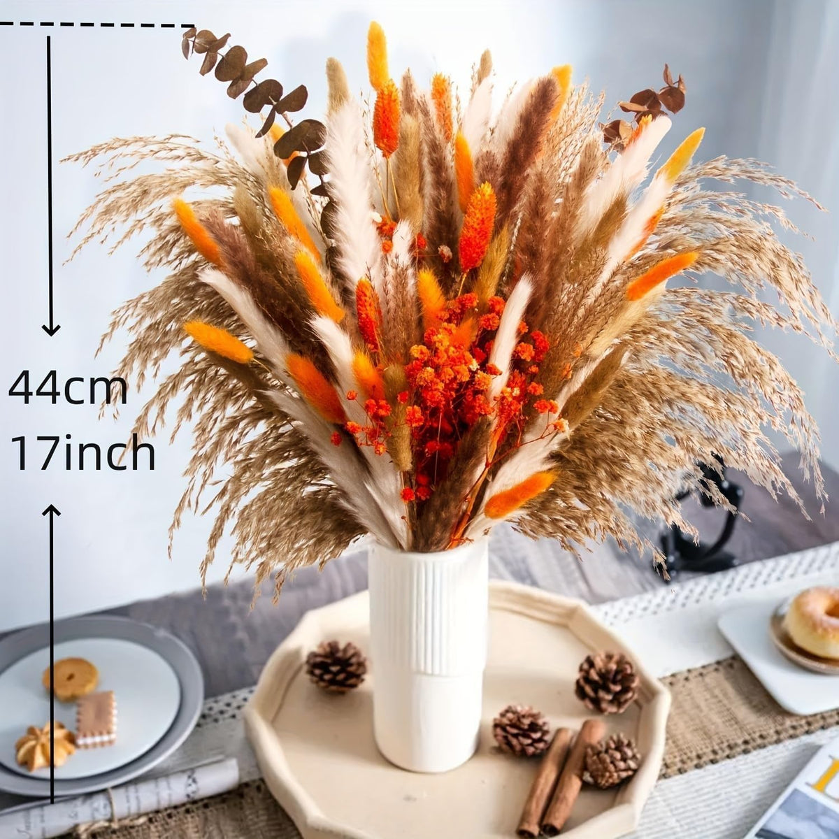 80pcs Dried Pampas Grass Bouquet Rustic Boho Floral Arrangement with Orange Accents Fall Wedding and Home Decor for Living Room Bedroom Office(17inch)