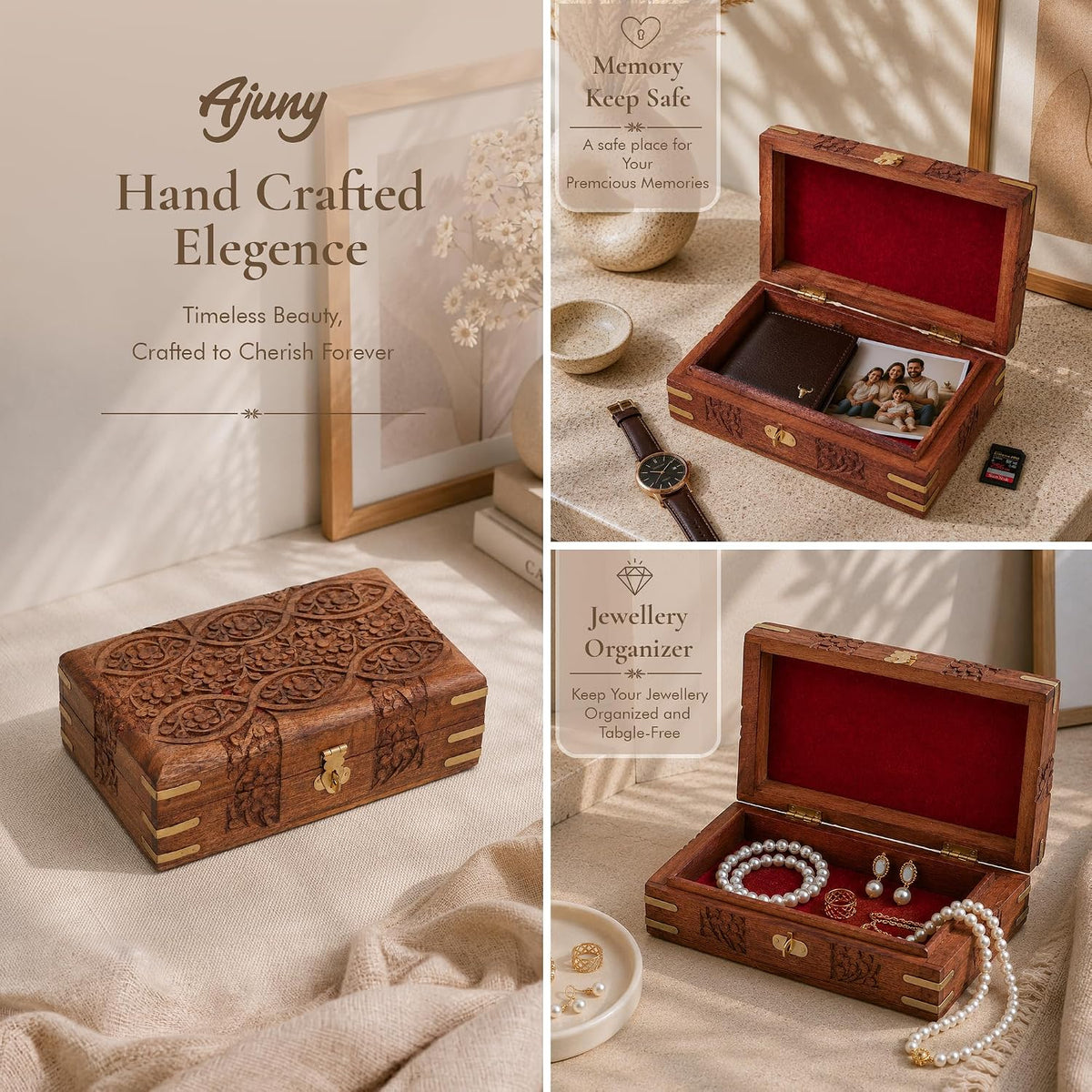 Ajuny Wooden Jewellery Box 8 x 5 Inch Floral Carved Keepsake Chest