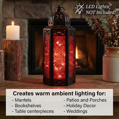 VELA LANTERNS Moroccan Candle Lantern Decorative Candle Holder Lamp for Indoor Outdoor, Ramadan, Home Decor, Patio, Weddings, Black Metal, Red Glass, Medium Lantern