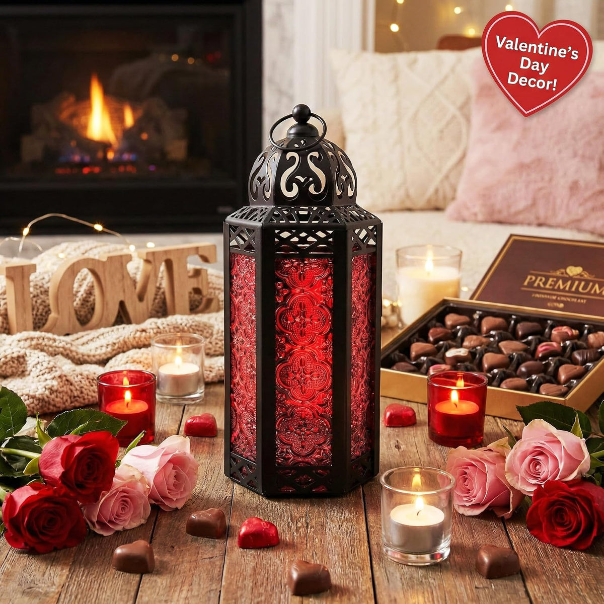 VELA LANTERNS Moroccan Candle Lantern Decorative Candle Holder Lamp for Indoor Outdoor, Ramadan, Home Decor, Patio, Weddings, Black Metal, Red Glass, Medium Lantern
