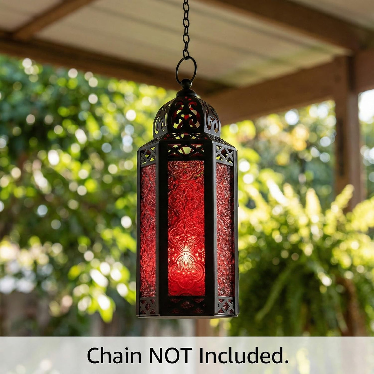 VELA LANTERNS Moroccan Candle Lantern Decorative Candle Holder Lamp for Indoor Outdoor, Ramadan, Home Decor, Patio, Weddings, Black Metal, Red Glass, Medium Lantern