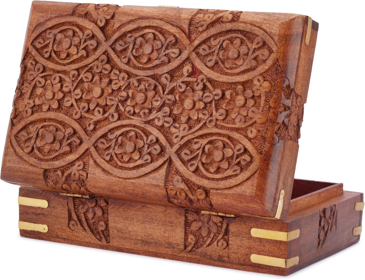 Ajuny Wooden Jewellery Box 8 x 5 Inch Floral Carved Keepsake Chest