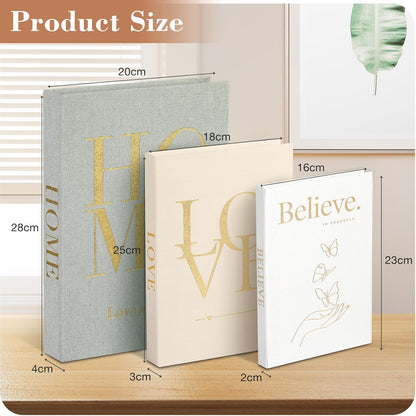 3Pcs Decorative Books with Magnetic Linen for Home Decor | Hidden Magnetic, Linen Cover, Gold Foil, 3 Sizes, Stacked Faux Books for Bookshelf Coffee Tables