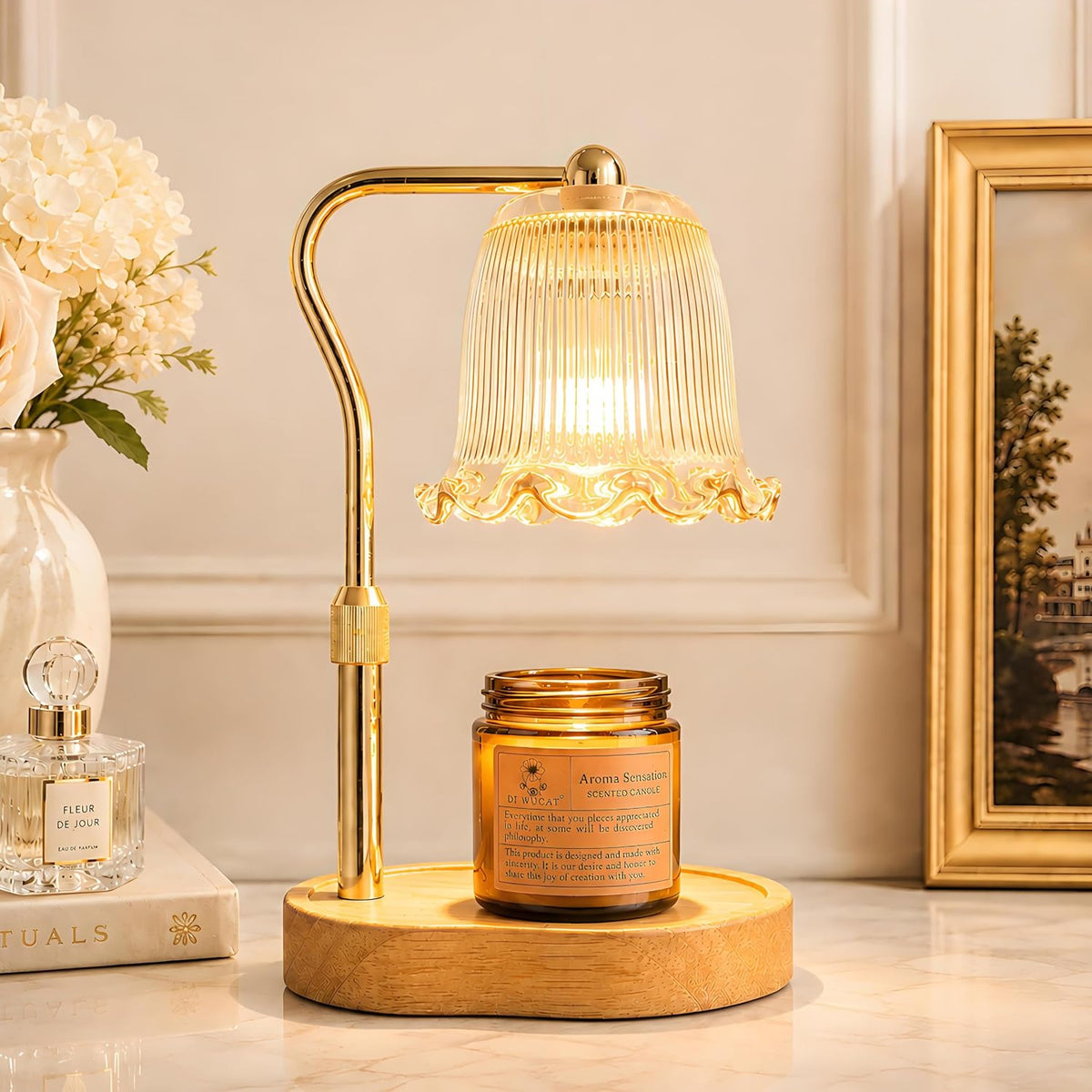 Candle Warmer Lamp with Dimmer,Wax Melt Warmer for Jar Candles,Flameless Candle Lamp with Timer,Includes 2 bulbs,Candle Warmer Gifts for Mum & Women, Gold, Housewarming Gift, Bedroom Decor