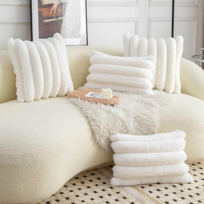 Neelvin Cream White Faux Fur Cozy Soft Striped Decorative Throw Pillow Covers 16x16 inch（40x40cm） Set of 2,Velvet Pillowcase Cushion Case for Sofa Couch