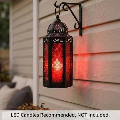 VELA LANTERNS Moroccan Candle Lantern Decorative Candle Holder Lamp for Indoor Outdoor, Ramadan, Home Decor, Patio, Weddings, Black Metal, Red Glass, Medium Lantern