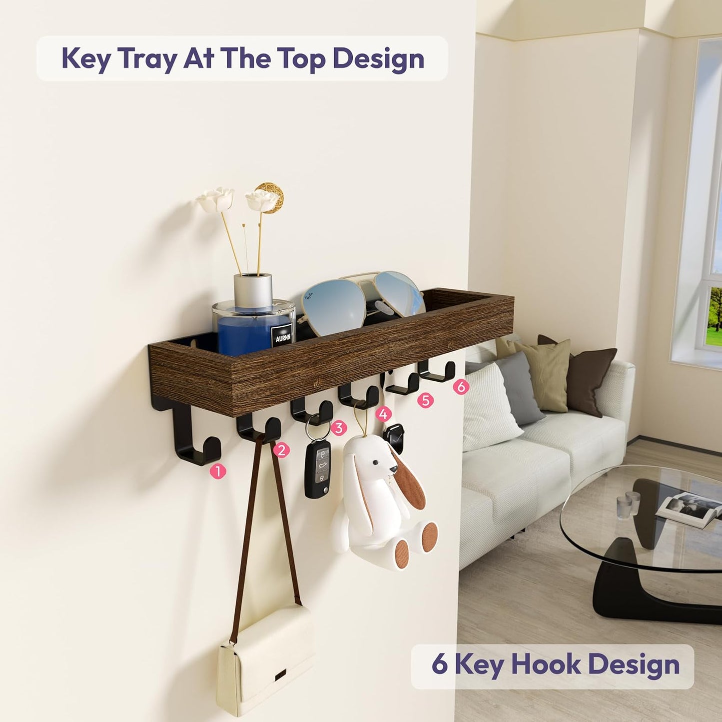 Key Holder with Wood Tray and 6 Hooks