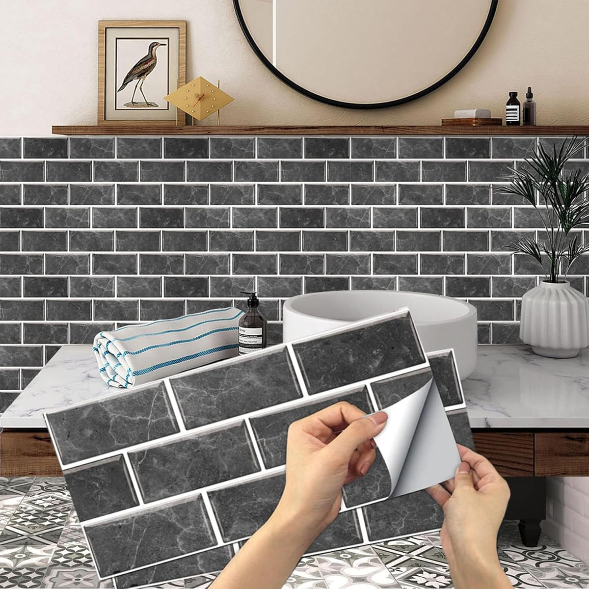 24 Sheets Peel and Stick Wall Tiles Kitchen Self Adhesive Backsplash | wall protector/cooker splashback/tile covers/gas hob cover/stove gap filler DIY home decor waterproof oilproof for bathroom