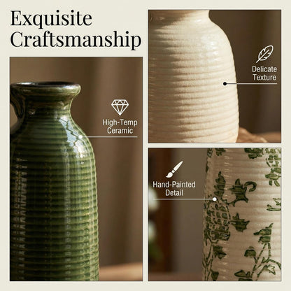 Ceramic Vase Set of 3 with Handles, Green White Neutral Rustic Modern Farmhouse Boho Decor, Versatile as Table Centrepiece or Mantel & Shelf Accent - Unique Home Gift Idea